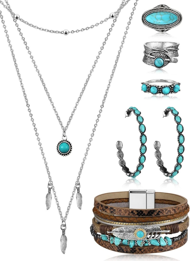 Ecally Store Bohemian Western Jewelry Turquoise Set Women Country Pendant Long Choker Layered Bracelets Earrings Ring for Women - Image 1